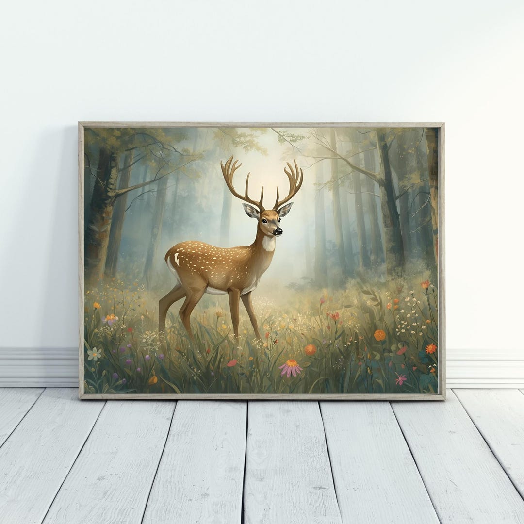 Deer in Misty Forest Print: Rustic Woodland Animal Art (digital ...