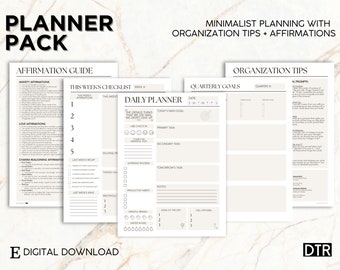 May include: A printable planner pack with a beige background. The pack includes a daily planner, a weekly checklist, a quarterly goals page, and an affirmation guide. The text "PLANNER PACK" is at the top of the page. The text "MINIMALIST PLANNING WITH ORGANIZATION TIPS + AFFIRMATIONS" is at the top of the page.