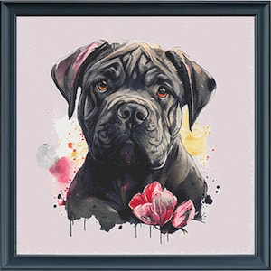May include: A watercolor painting of a black dog with a pink flower. The dog has a serious expression and is looking directly at the viewer. The background is a light pink with splashes of yellow, blue, and red.