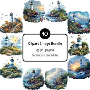 10 Watercolor Coastal Lighthouse Clipart Bundle, PNG & JPG, 300 DPI, Digital Download