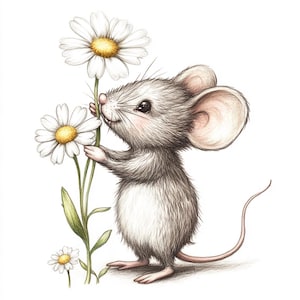 Lot de 10 souris Cottagecore aquarelle de haute qualité avec marguerite, image imprimable pour journal indésirable, téléchargement immédiat graphique JPG PNG