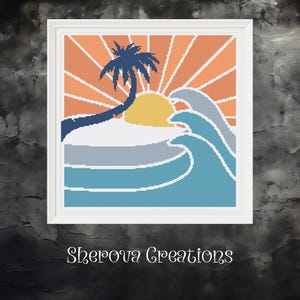 May include: A cross-stitch pattern featuring a stylized sunset with a palm tree and waves in shades of blue, orange, and yellow.