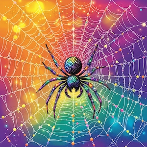 May include: A colorful illustration of a spider and its web. The spider is black with iridescent legs and a body covered in colorful dots. The web is white with colorful beads, set against a gradient background of orange, yellow, green, and purple.