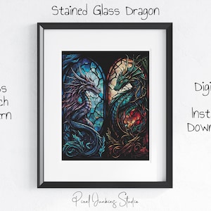 Patrón de punto de cruz de dragón de vidriera, PDF, gótico, fantasía, arte de pared oscuro