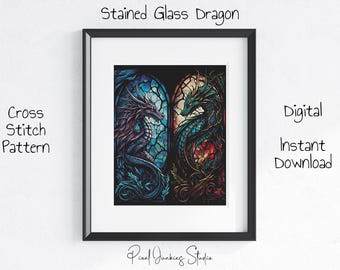 Stained Glass Dragon Cross Stitch Pattern, PDF, Gothic, Fantasy, Dark Wall Art