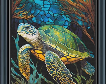 May include: A green sea turtle swims through a blue and orange coral reef. The turtle has a yellow and green shell and is surrounded by blue and green seaweed.