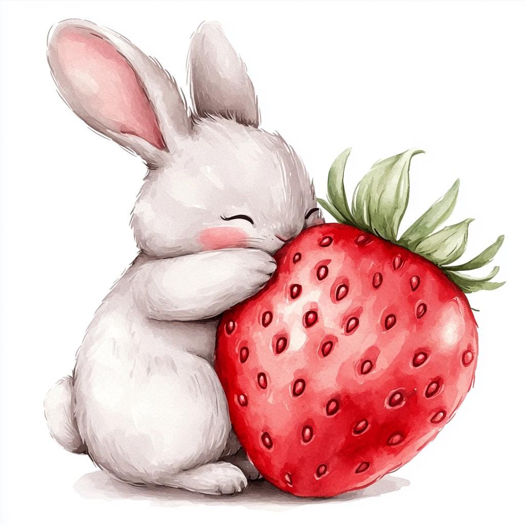 Watercolor Bunny Clipart: Strawberry Image, Nursery Art (JPG PNG