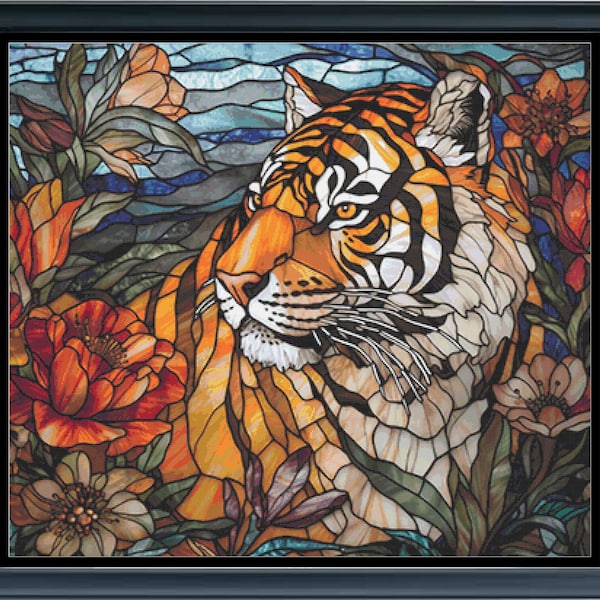 Stained Glass Cross Stitch Pattern | Tiger | 3 Sizes | Full Coverage | Flowers | Counted Cross Stitch | Pattern Keeper | #359