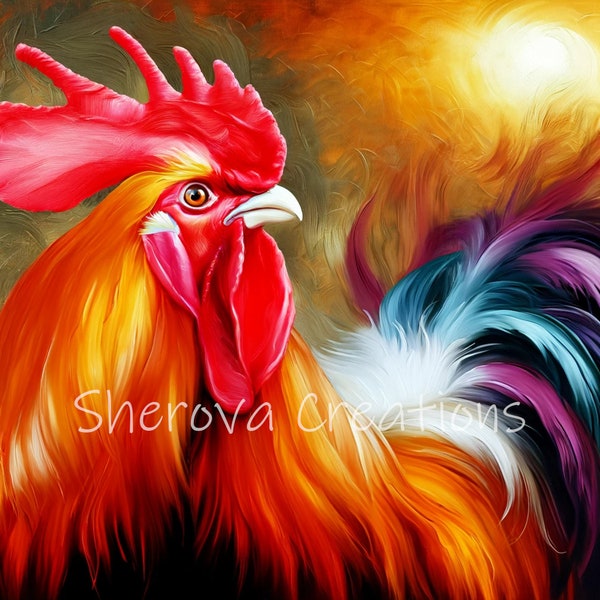 Majestic Rooster Art Print - Colorful Farmhouse Kitchen Decor - Digital Download