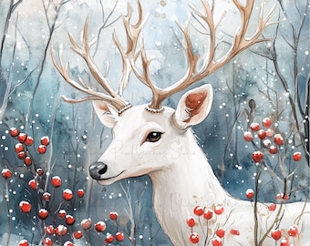 May include: Watercolor painting of a white deer with large antlers, set in a snowy forest scene. Red berries and bare trees are visible against a blue and white background. The deer is the focal point of the artwork.