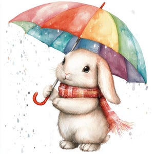 Lot de 10 cliparts lapin duveteux aquarelle de haute qualité, image imprimable du journal indésirable, parapluie arc-en-ciel, téléchargement immédiat graphique JPG PNG
