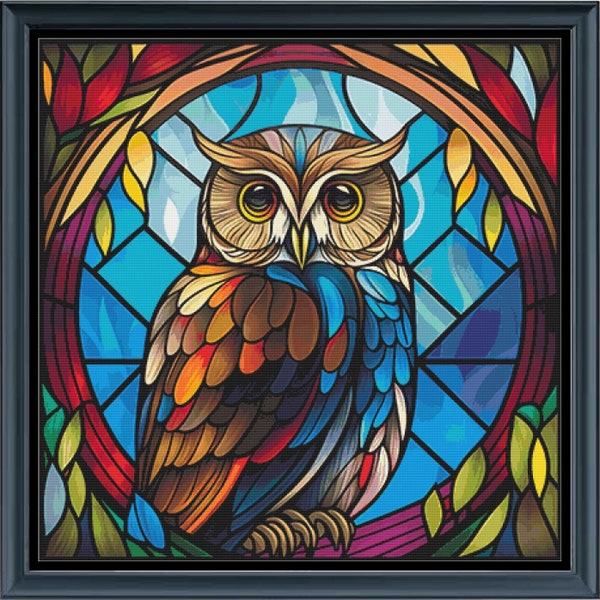 Stained Glass Owl Cross Stitch Pattern | Owl | Full Coverage | Colourful | Bird | Stained Glass | PDF | Digital | #347