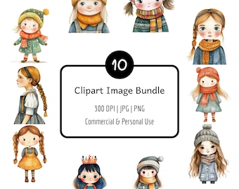 10 Watercolour Winter Girl Clipart Bundle, PNG & JPG, 300 DPI, Digital Download