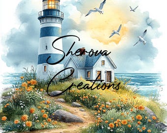 Lighthouse Watercolor Clipart Bundle: Coastal Wall Art (JPG)