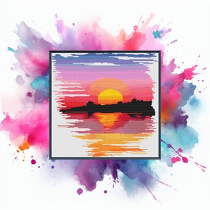May include: A pixelated sunset over a lake with a silhouette of trees in the foreground. The sky is a gradient of pink, orange, and yellow. The sun is a bright yellow circle. The lake is a dark blue with a reflection of the sunset.