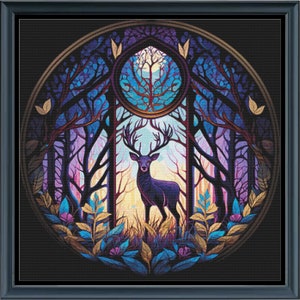 May include: A stained glass style illustration of a deer standing in a forest. The deer is black with large antlers and is surrounded by trees and foliage. The background is a dark blue with a moon in the sky.
