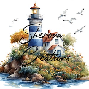 May include: A watercolor painting of a lighthouse on a small island with a white house and a path leading up to it. There are seagulls flying around the lighthouse and the water is blue. The text "Sherova Creations" is written in black cursive.