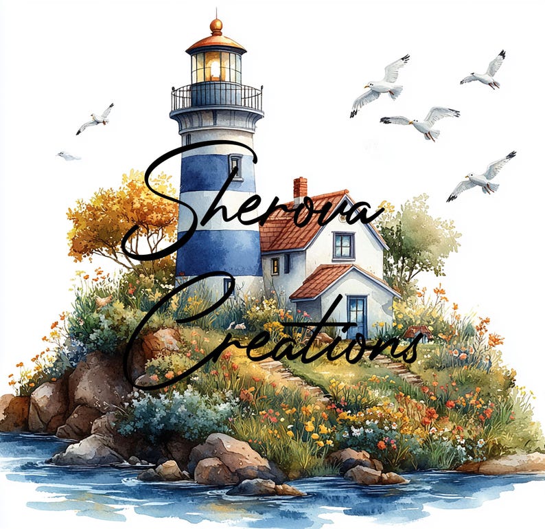 Cursive Lighthouse Lighthouse Watercolor Clipart Bundle: Coastal Wall Art (JPG) - Etsy