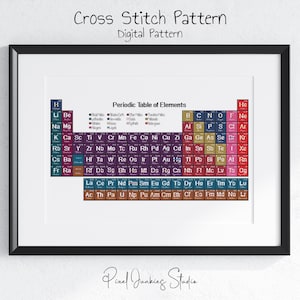 Periodiska systemet av element korsstygnsmönster, PDF, räknat, vetenskap, kemi, färgglad väggkonst, direktnedladdning