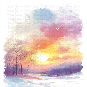 Lot de 10 cliparts aquarelle haute qualité Cottagecore hiver coucher de soleil, image imprimable pour journal indésirable, téléchargement immédiat paysage graphique JPG PNG
