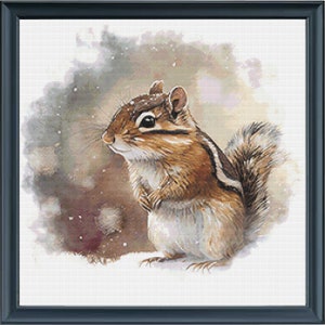 May include: A brown and white chipmunk with a bushy tail stands on a snowy background. The chipmunk has a light brown body with dark stripes and a white belly. The background is a watercolour painting of a snowy forest scene.
