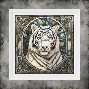 May include: A white tiger with black stripes is depicted in a stained glass style artwork. The tiger's face is framed by a decorative border with green and gold accents.