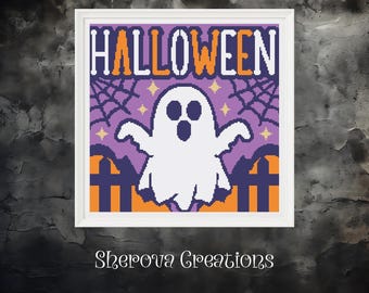 May include: A white framed cross-stitch pattern with a purple background and a white ghost with a surprised expression. The text "HALLOWEEN" is in orange letters at the top of the pattern.