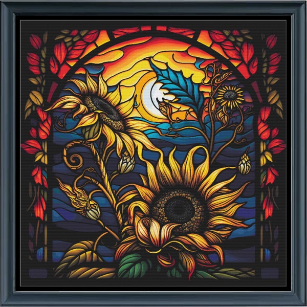 Stained Glass Sunflower Cross Stitch Pattern | Full Coverage | 3 Sizes | Sunflower | Stained Glass | Flower | Colourful | Fantasy | #348