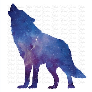Paquete de 10 imágenes prediseñadas de lobo cósmico de acuarela de alta calidad, estilo cottagecore, imagen de animal imprimible para diario basura, descarga instantánea de gráficos JPG y PNG.