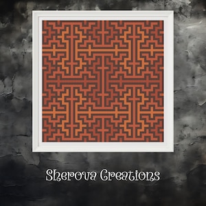 May include: A digital illustration of a geometric pattern in shades of orange and brown. The pattern is made up of repeating squares and rectangles, creating a complex and intricate design.