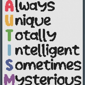 Puede incluir: Un diseño de punto de cruz con el acrónimo "AUTISMO" escrito verticalmente, con cada letra representando una palabra: Siempre, Único, Totalmente, Inteligente, A veces, Misterioso.