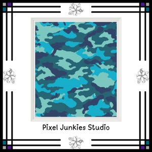 May include: A framed artwork featuring a blue camouflage pattern in shades of teal, aqua, and navy. The artwork is in a white frame, with the text "Pixel Junkies Studio" at the bottom. The frame is surrounded by a decorative border.