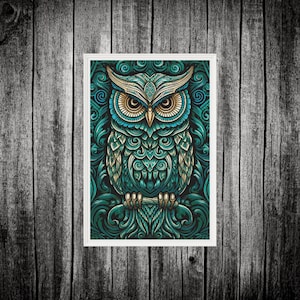 May include: A teal and gold owl with intricate patterns and details. The owl is surrounded by a floral design.