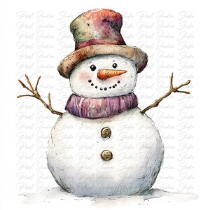 Pacote com 10 clipart de boneco de neve de Natal Cottagecore em aquarela de alta qualidade, imagem de diário de lixo para impressão, download instantâneo de gráfico JPG PNG