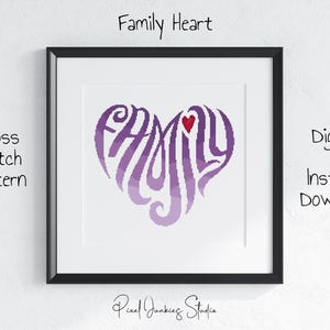 Wzór haftu krzyżykowego „Rodzinne serce”, PDF, liczony, miłość, dom, dekoracja ścienna, natychmiastowe pobranie