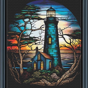 Stained Glass Lighthouse Cross Stitch Pattern | 3 Sizes | Counted Cross Stitch | Pattern Keeper | Fantasy | PDF | Full Coverage | #366