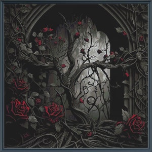 Könnte beinhalten: Eine dunkle, gotisch inspirierte Illustration eines knorrigen Baumes mit roten Rosen, die um ihn herum wachsen. Der Baum wird von einem Steinbogen eingerahmt, und der Hintergrund ist ein nebliger Wald.