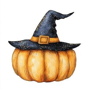 Paquete de 10 imágenes prediseñadas de calabaza con sombrero de mago en acuarela de alta calidad, imagen imprimible de diario basura, bebida de Halloween, descarga instantánea de gráficos JPG