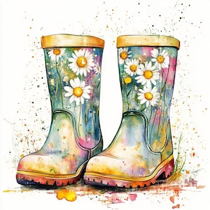 Paquete de 10 imágenes prediseñadas de botas de agua estilo cottagecore de acuarela de alta calidad, imagen imprimible para diario basura, descarga instantánea de gráficos JPG y PNG.