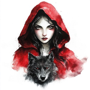 Paquete de 10 imágenes prediseñadas de Caperucita Roja en acuarela de alta calidad, imagen imprimible de lobo para diario basura, descarga digital vibrante en formato JPG y PNG.