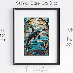 Patrón de punto de cruz de orca marina en vidriera, orca asesina en PDF