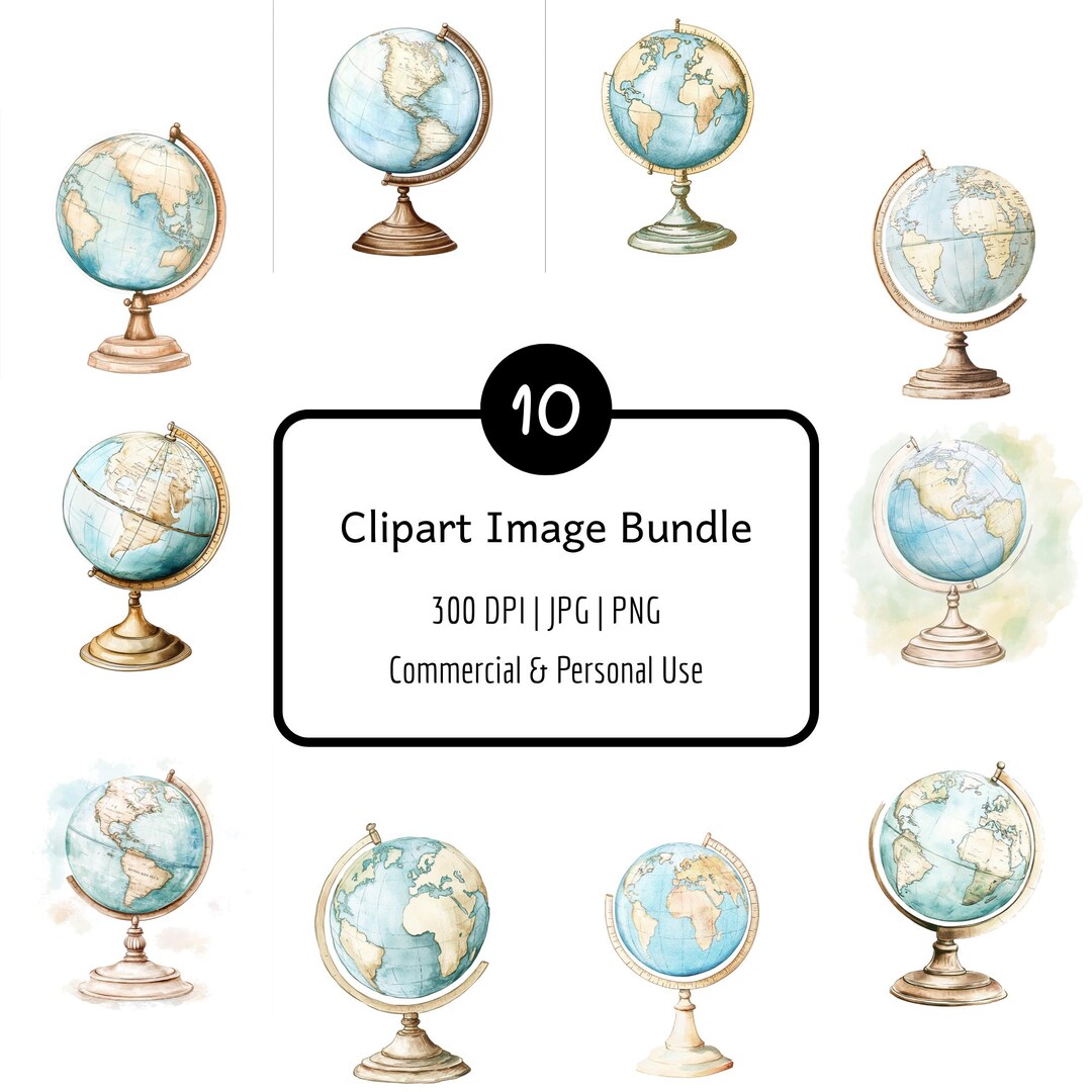 10 Vintage Globe Clipart Bundle, Watercolor World Map, Digital Download ...