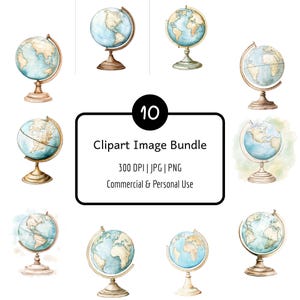 10 Vintage Globe Clipart Bundle, Aquarell Weltkarte, digitaler Download, PNG und JPG