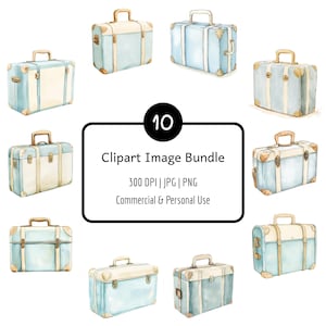 Pacchetto di 10 clipart di valigie vintage ad acquerello, PNG e JPG, 300 DPI, download digitale