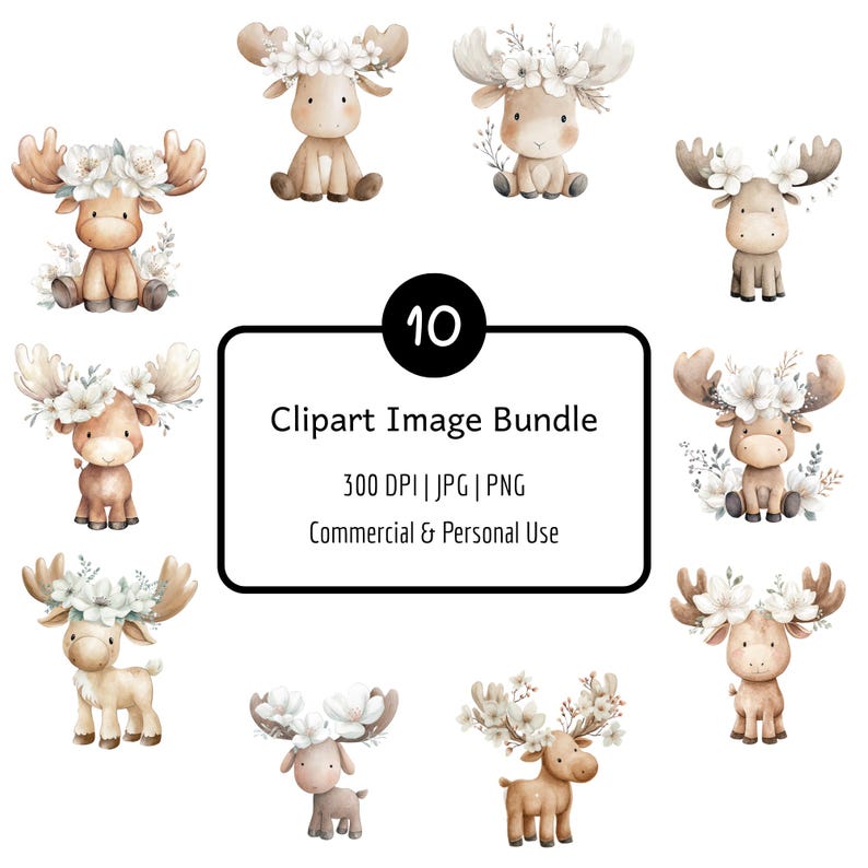 10 Watercolour Baby Moose Clipart Bundle, PNG & JPG, 300 DPI, Digital ...