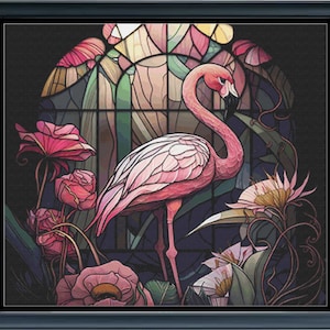 May include: A pink flamingo stands in a stained glass window with pink and green flowers. The flamingo is in the center of the image and is facing the right side of the image. The stained glass window is behind the flamingo and is made up of different colored glass pieces.