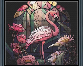 Puede incluir: Un flamenco rosa se encuentra en una ventana de vitrales con flores rosas y verdes. El flamenco está en el centro de la imagen y mira hacia el lado derecho de la imagen. La ventana de vitrales está detrás del flamenco y está hecha de diferentes piezas de vidrio de colores.