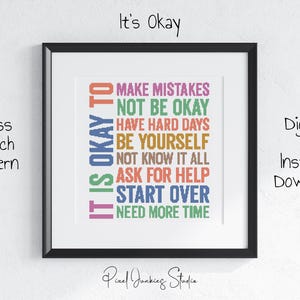 It's Okay Cross Stitch Pattern, PDF, Colorful, Inspirational Quote, Wall Art