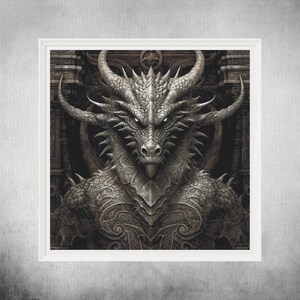 May include: A detailed grayscale illustration of a dragon's head and upper body, framed in a white square. The dragon has large horns, sharp spines, and intricate armor-like scales. The artwork has a fantasy theme.