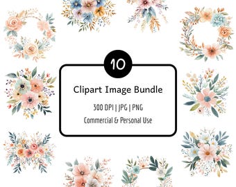 10 Watercolour Floral Bouquet Clipart Bundle, PNG & JPG, 300 DPI, Digital Download